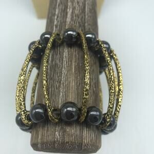 Cage Bracelet Hematite Brass Bars Gold Tone Dark Gray beads stretch
